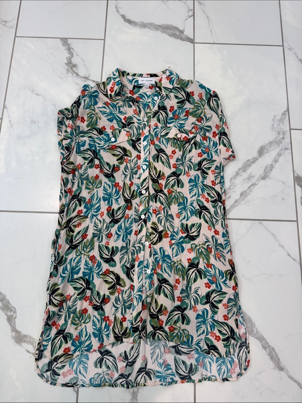 Lost + Wander Collared Button-Down Floral Print Top in Teal, Green & Red